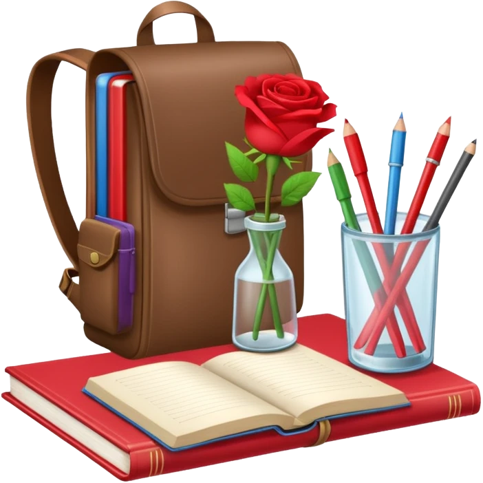 crear una  pizarra grande con libros a un lado, cuadernos, lapices, creyones, un vaso de cristal con rosas rojas, morral, lapto, estilo vector emoji
