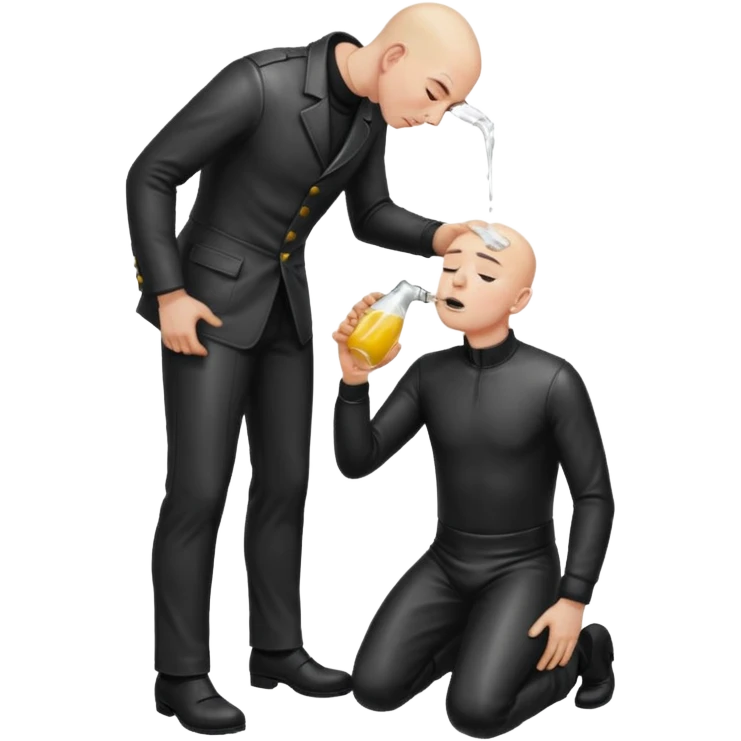 Bald man on his knees submissive to tall, standing man in leather, pouring piss down his throat emoji