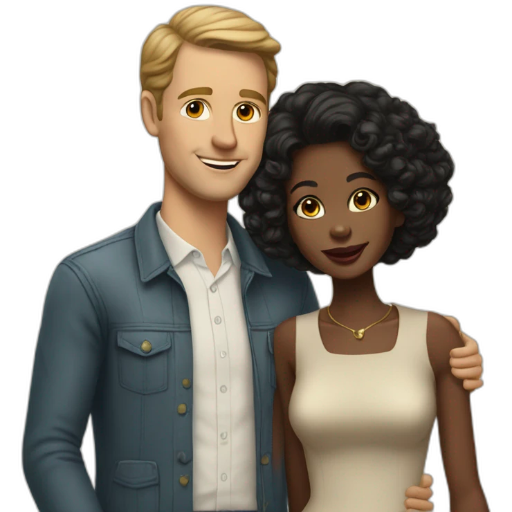 white man in late 50ties in love with younger black woman, casual dressing emoji