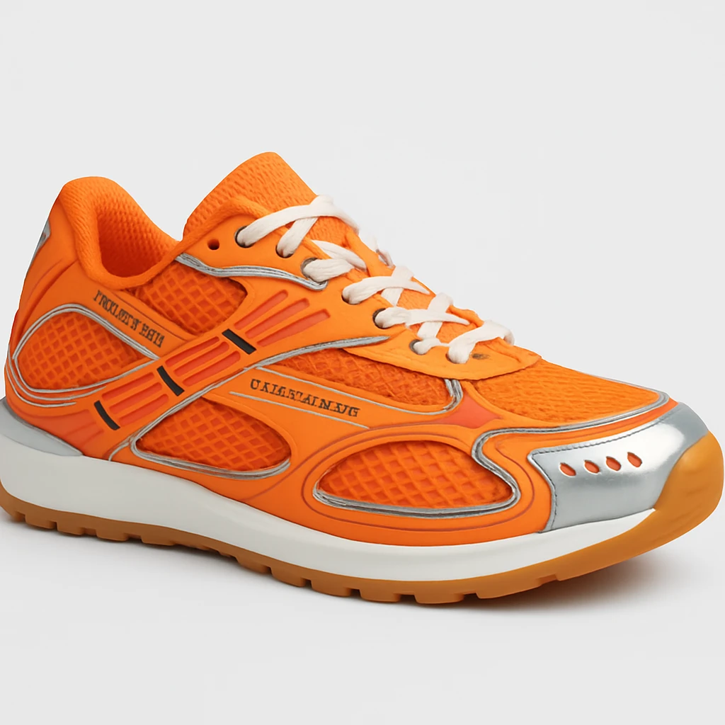 Recreate the Bottega Veneta Orbit sneaker in bright orange, exact design, shown in a 3D turned perspective (not flat 2D), similar to the reference image, realistic, clean background. The style should be realistic and 3D as in the reference images. emoji