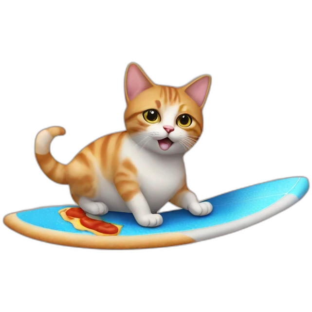 un chat qui fait du surf sur une pizza dans l'escpace emoji