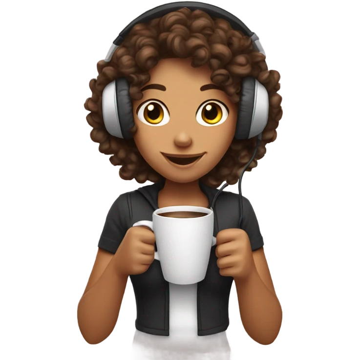 Tanned girl with curly hair with gaming headset and coffee emoji