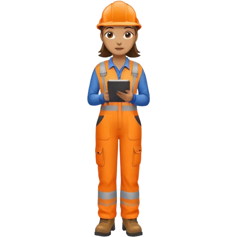 woman in orange hi vis overalls and boots standing holding a clipboard emoji