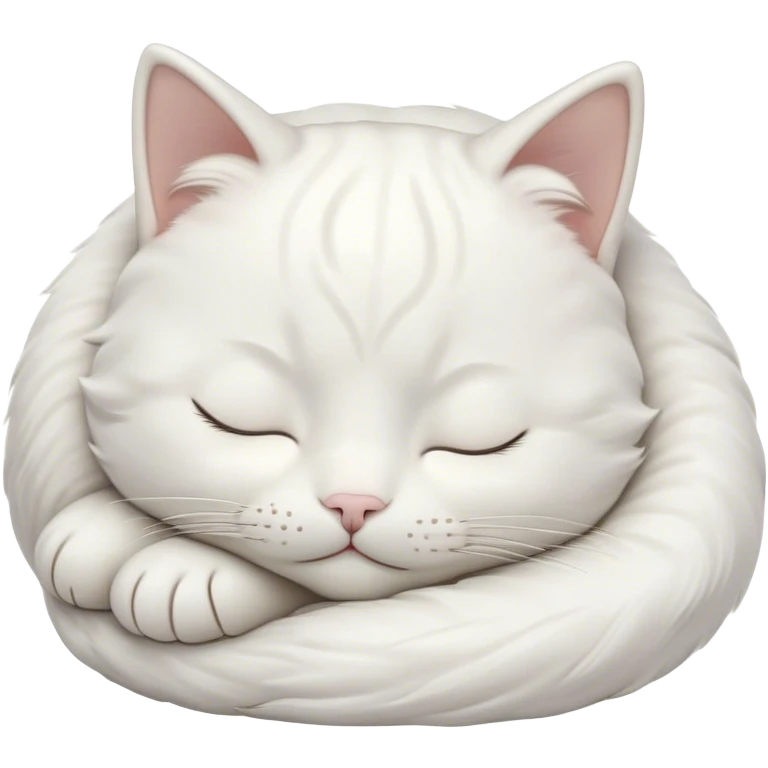 Meme-Worthy Cute Sleeping White Cat Portrait Emoji, Head peacefully tilted with a tender, contented smile and eyes gently closed in serene slumber, featuring a pristine white fur with subtle, delicate silver accents, simplified yet irresistibly adorable, highly detailed, glowing with a soft, drowsy radiance, high shine, exuding calm, heartwarming charm, styled with a gentle, soft glowing outline, capturing the essence of a sleeping white cat that seems destined to become the next viral icon of adorable repose! emoji
