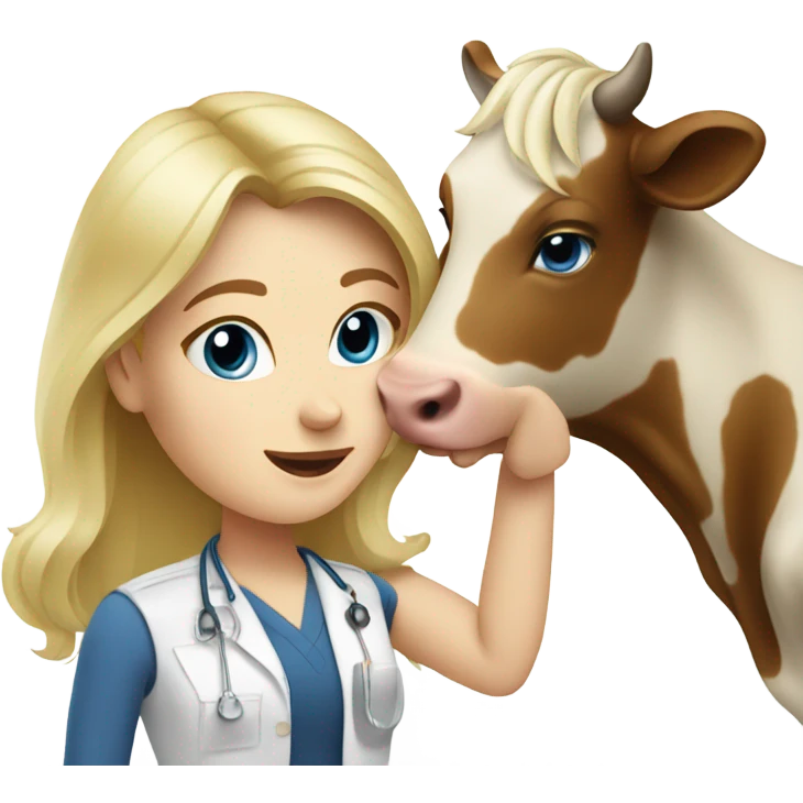 Female blonde vet with blue eyes petting a cow emoji