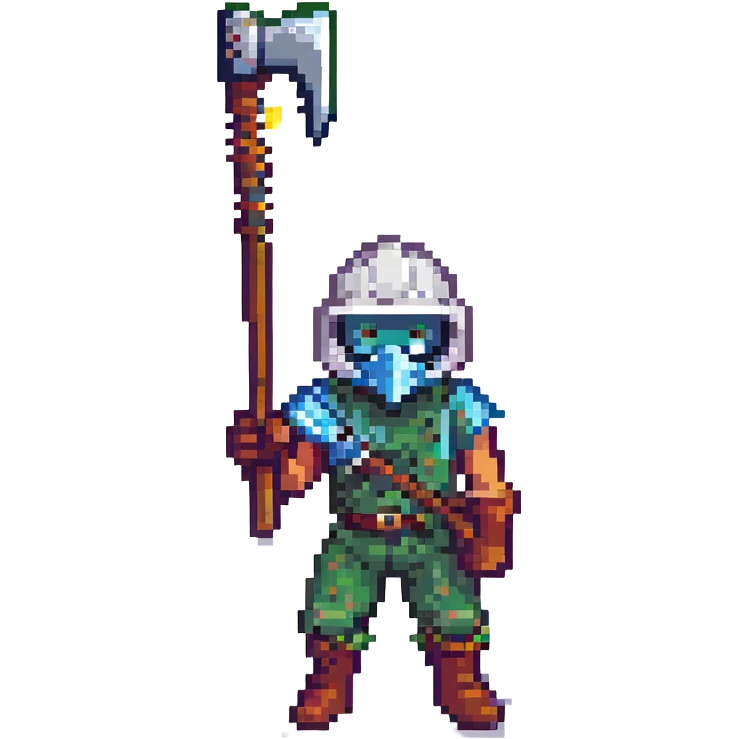 pixel art Fortnite skin featuring masked character, bold color palette, signature pickaxe emoji