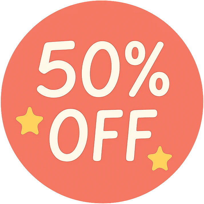 Round label with hand lettering 50% off with stars  emoji