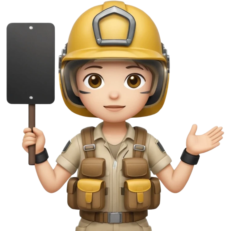 Create a cute emoji-style PUBG Mobile character, chibi version with helmet and backpack, standing in victory pose, holding a blank white sign or paper sheet in both hands in front of chest, ready for text, clean white background, simple emoji design” emoji