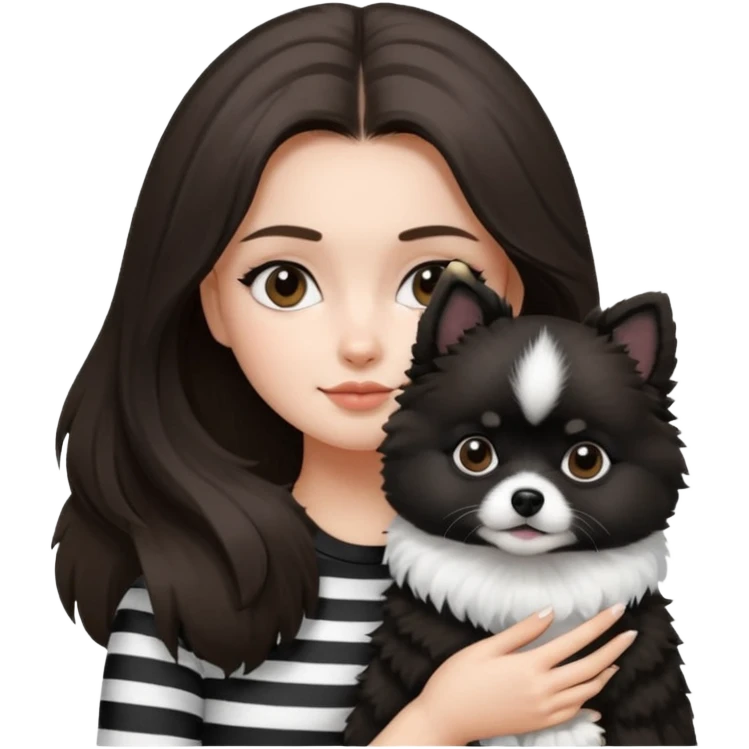 an brunette hair girl holding her black and white pomeranian dog that has white middle part in the face kinda looks like a panda emoji