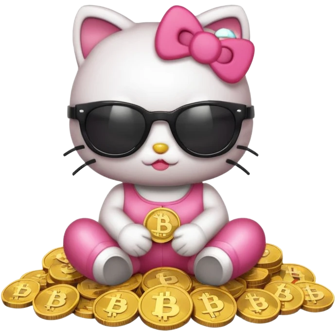 Hello Kitty wearing sunglasses, sitting on a pile of cryptocurrency coins, cute emoji style emoji