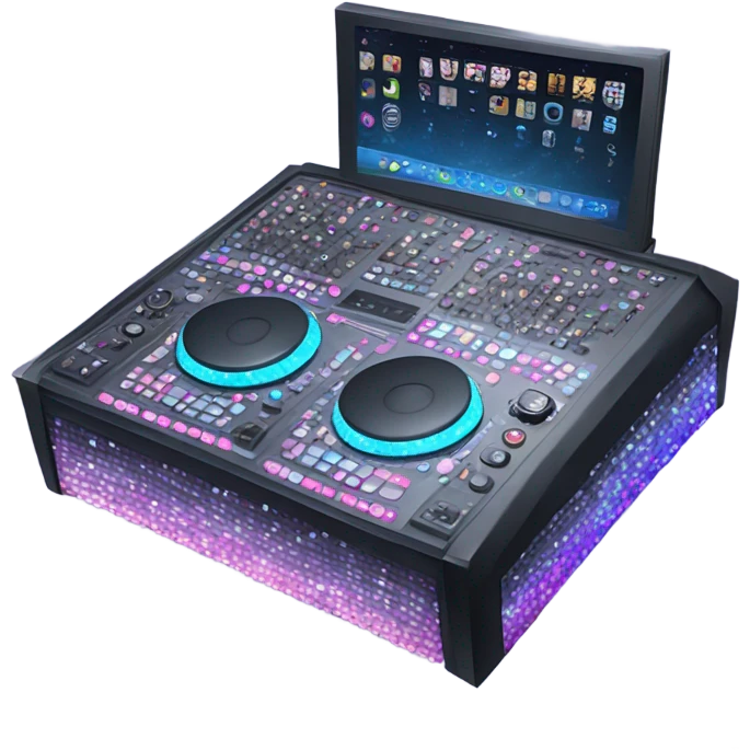Realistic isolated DJ Sound control console with pink,blue,and purple sparkling diamonds and rhinestones on it. emoji
