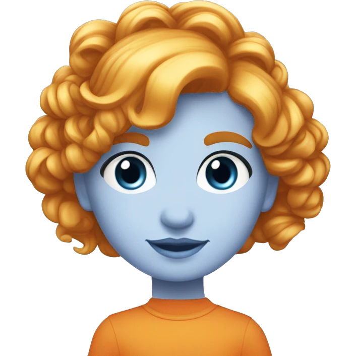 Niña de 6 años con el pelo rubio largo un poquito rizado, no mucho, y una diadema. Ojos azules, y babi de rayas de color naranja  emoji