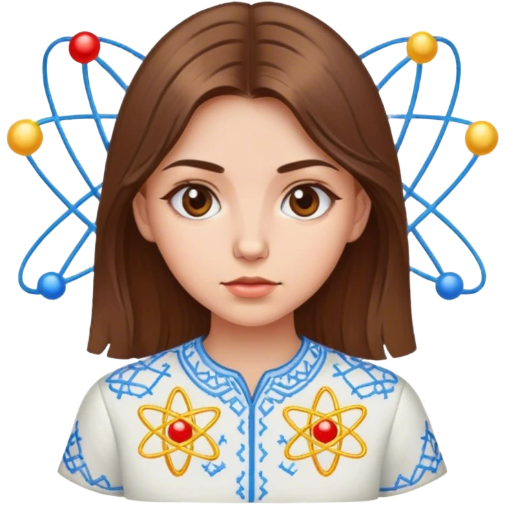a Ukrainian girl with brown hair in an embroidered shirt and an atom emoji
