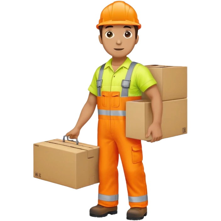 man standing sideways, wearing orange hi visibility overalls, carrying a box emoji
