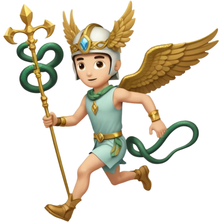 a guy (hermes) running with his caduceus (winged staff + two nakes) and a petasos on his head (winged helmet) emoji