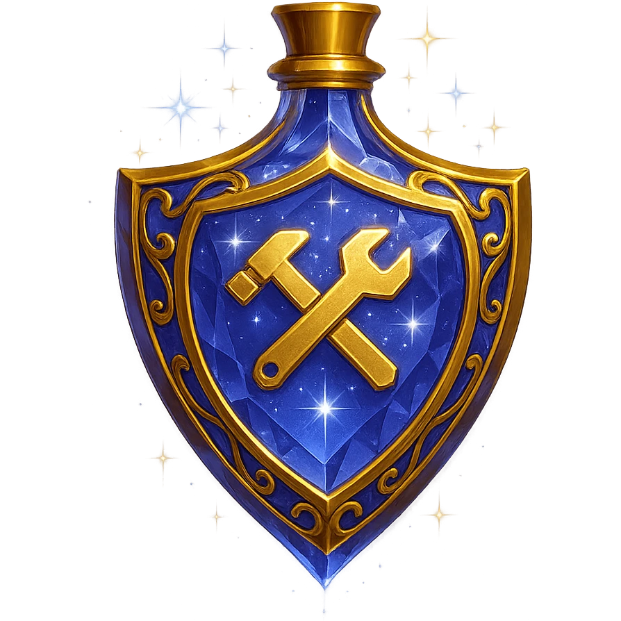 premium class crystal elixir bottle in shield shape, color #7986cb, with 🛠 symbol on the bottle, lots of shining, edges, ornaments, golden details, magical effects, very small golden neck, transparent background, beautiful, seamlessly merging bottom, bottle clearly floating in air, no base or shadow, very luxurious, modern, fits a collection emoji