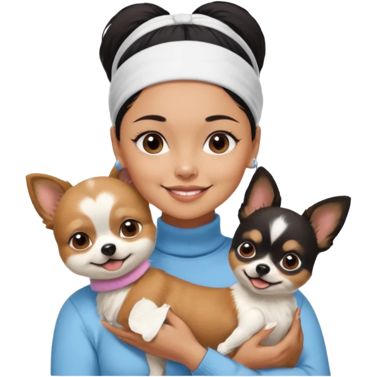 tan skin woman, with short black hair in a slicked back ponytail with forehead showing, with white headband, wearing solid pastel blue turtleneck shirt, smiling carrying dark brown-white furry fuzzy chihuahua pomeranian dog emoji