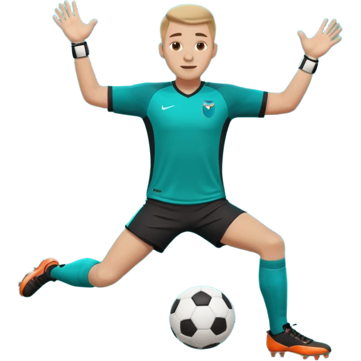 soccer goalkeeper teal shirt, shorts football boots arms out emoji