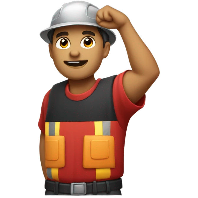 Miner in a red shirt and black hat with his right arm up emoji