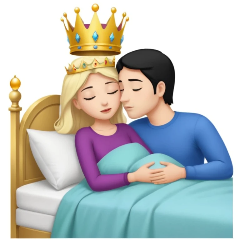 Blonde Queen with crown, Green eyes, naked, kissing man, naked, no crown, black hair, blue eyes, whole Body, Background sleeping room  emoji
