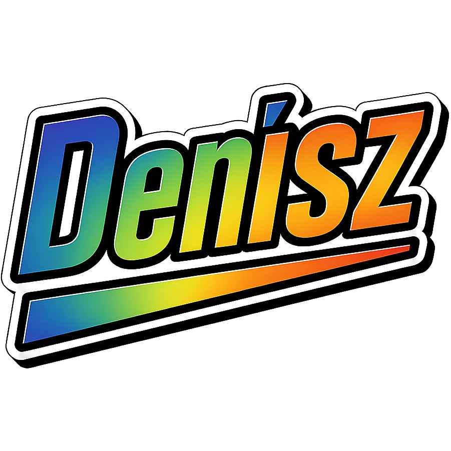 Denisz name in masculine, modern gradient font with precise Hungarian characters, dark outline, extra thick, prominent white letter border, dynamic slanted underline, rainbow gradient colors, 1000x1000 px, PNG, transparent background emoji