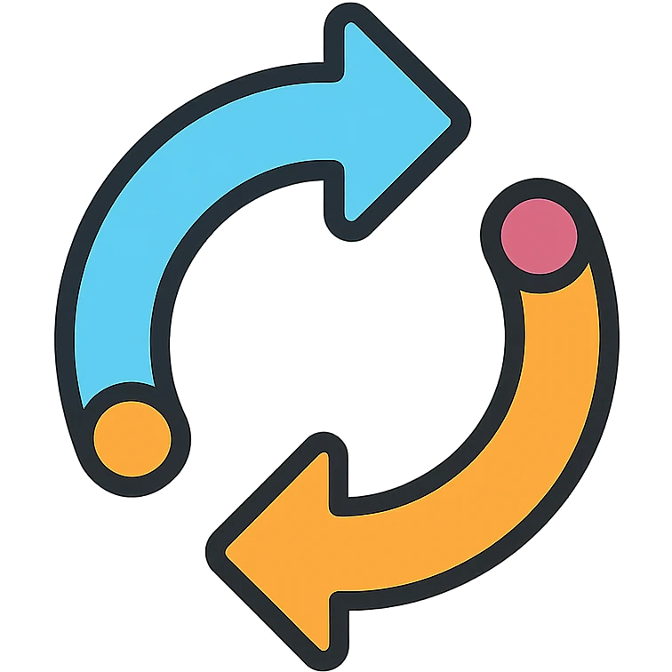 Flat design icon for 'Synchronization / Integration' showing two arrows rotating, connected dots, or interlocking shapes, maintaining a modern and clean look. emoji