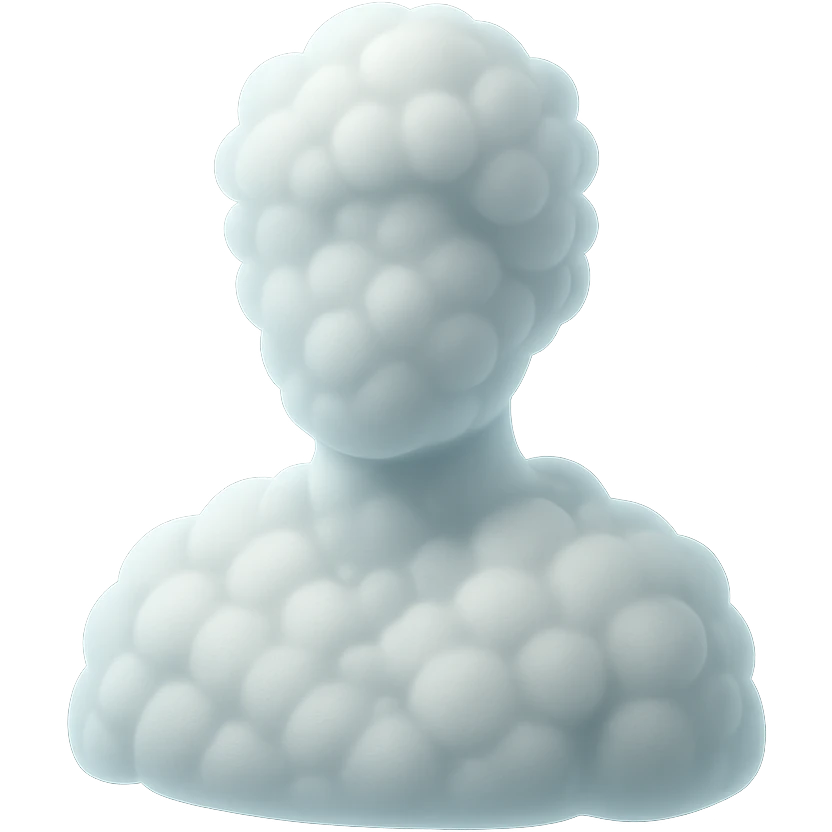 a person facing forward, visible to the shoulders, entirely made of fluffy, raised, pure white clouds, in matte glass style emoji