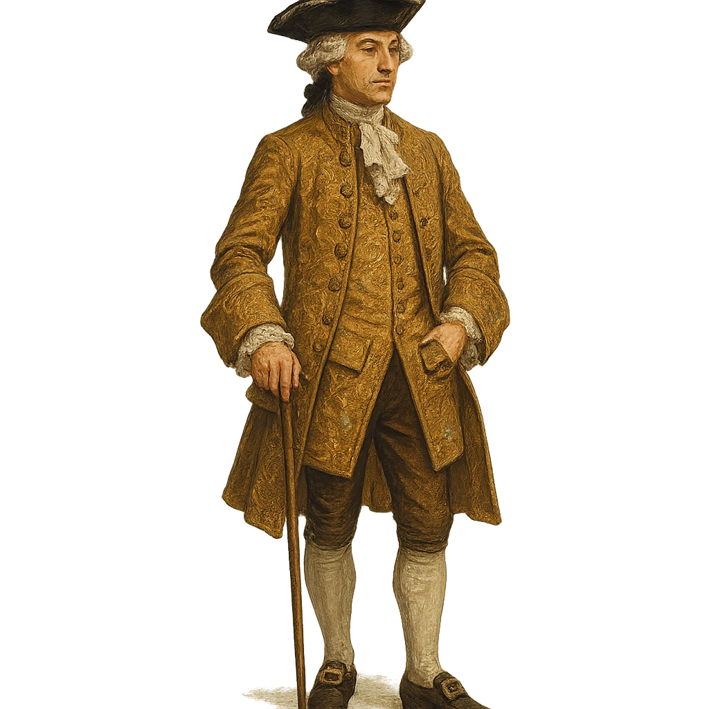 18th century gentleman standing, ornate frock coat, tricorn hat, cane, full body, no background, different artistic style emoji