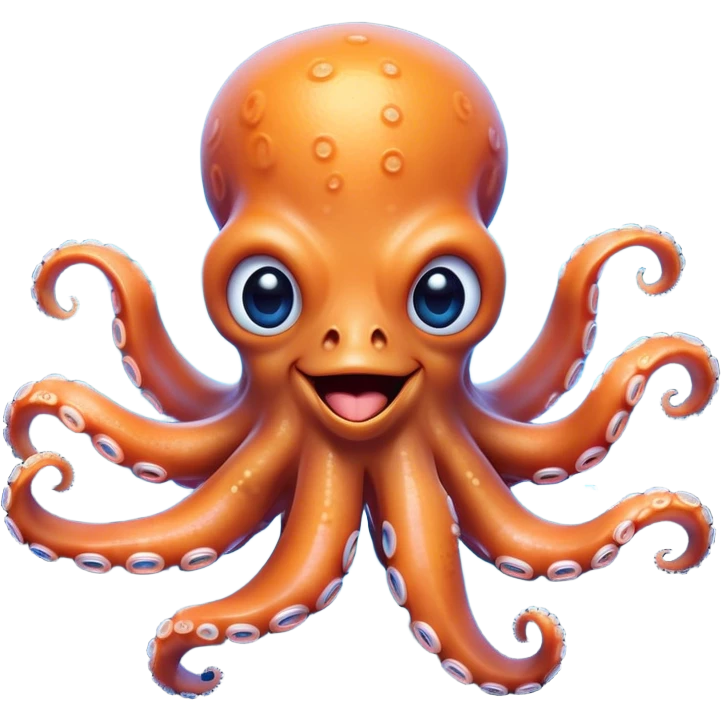 Cinematic Comical smirking Octopus Portrait Emoji, Head tilted dramatically with an exaggeratedly amused expression, featuring a rotund, light orange body festooned with bold blue rings and eight wildly expressive arms with comically animated suckers, Simplified yet hilariously expressive features, highly detailed, glowing with a slightly sassy underwater glow, high shine, dramatic yet playful, stylized with an air of quirky marine mischief, soft glowing outline, capturing the essence of a meme-worthy octopus that looks ready to squirt its way into viral fame! emoji