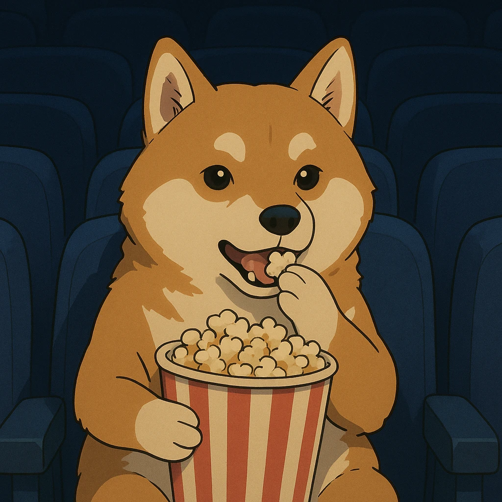 shiba inu eating popcorn at the movie theater emoji