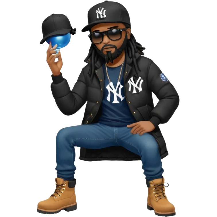 African American man with shoulder length black dreadlocks with black beard wearing black sunglasses wearing a black New York Yankees logo baseball cap wearing a black bubble winter coat wearing denim skinny jeans and timberland boots tying up his shoes emoji