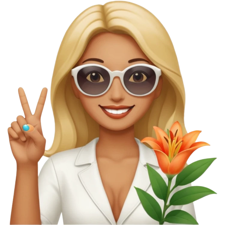 Relaxed sexy woman smiling holding lilies posing in shades  and flashing peace sign  hand emoji