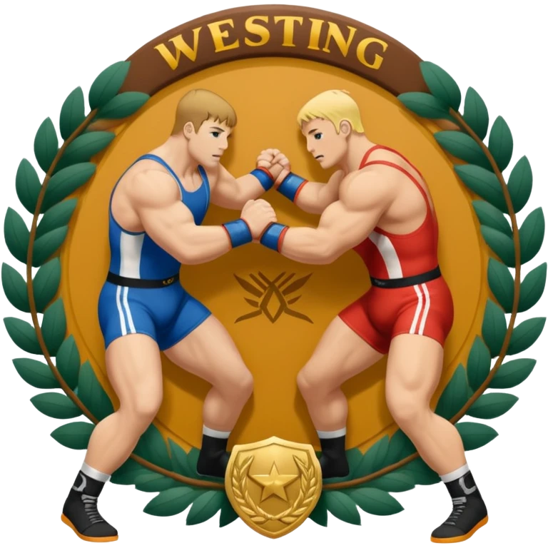 An icon symbolizing wrestling combat sports in the style of an emblem. The design features two wrestlers locked in a powerful grapple, one attempting to take the other down. Surrounding the scene are stylized elements like a championship belt, wrestling mat, and a laurel wreath. emoji
