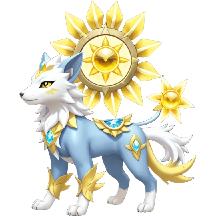 Solarpunk solar aesthetic shiny glowing divine lighting glimmering shimmering Amaura-Solgaleo-Luxray-Trico-fusion (full body) emoji