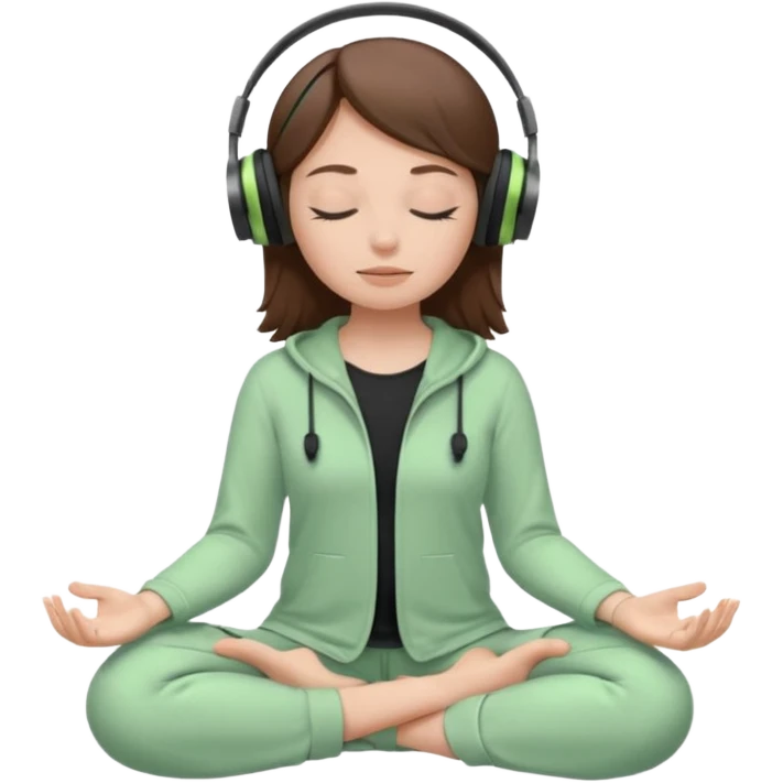 White girl, brown hair meditating with headphones on and black and pastel green clothes, eyes closed emoji