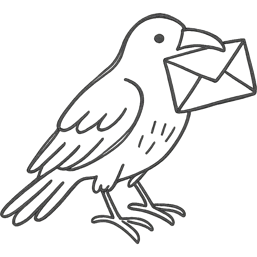 hand drawn outlined icon of a raven with a letter emoji