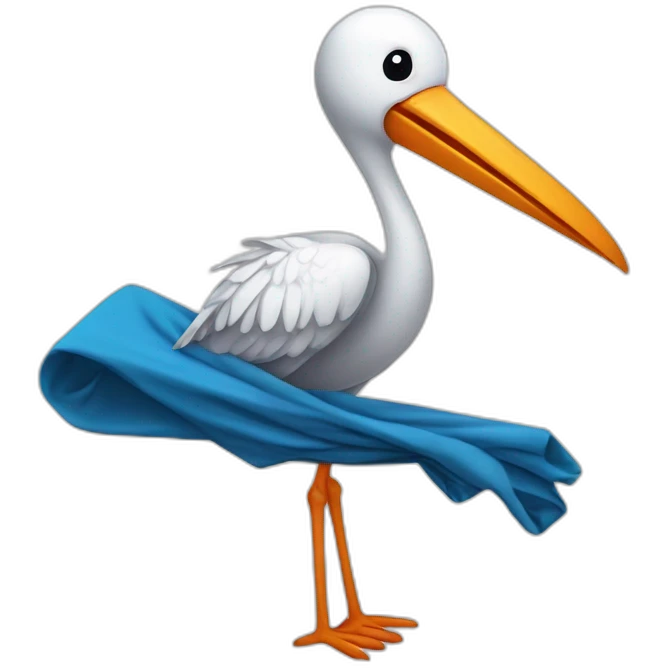  A stork is carrying a blue bundle of cloth in its beak that has a cute white baby face peeking out from it with black head emoji
