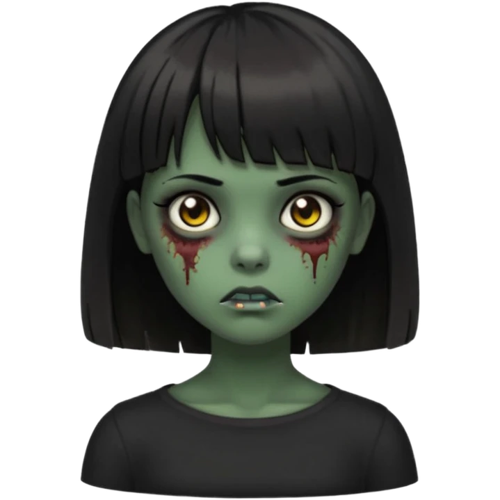Zombie girl emoji verde escuro com cabelo curto liso preto no ombro e franja na altura da sobrancelha cobrindo completamente a testa, com uma blusa preta, olhos castanhos escuros emoji