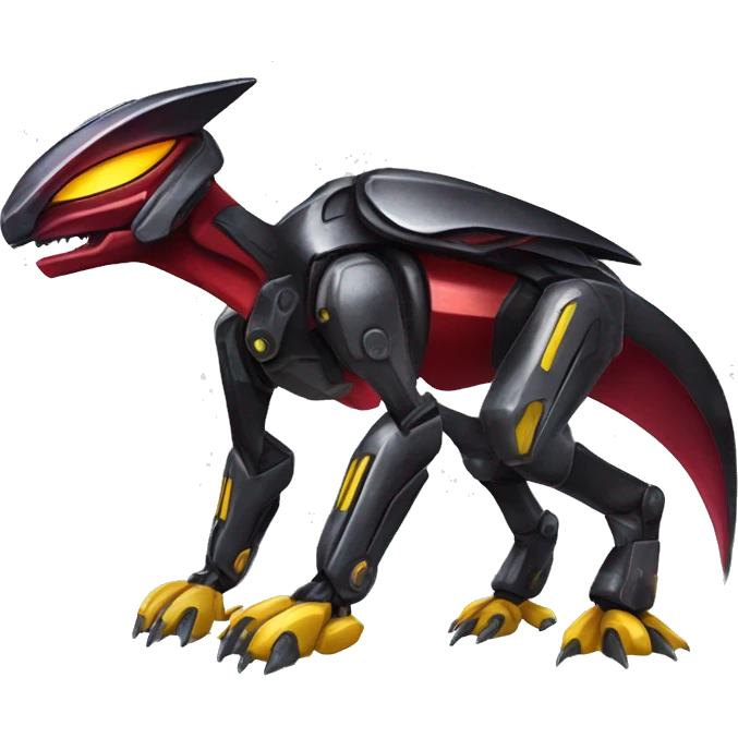 a shiny black-red-yellow Genesect-Raptor-Fakémon—hybrid with a futuristic visor-helmet full body emoji