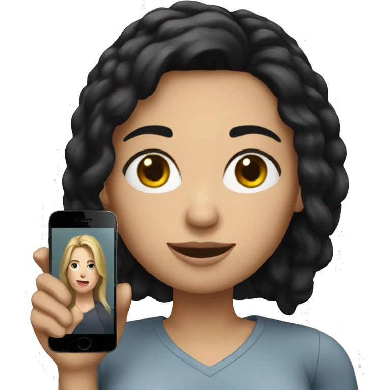 white woman with black hair with a cell phone in her hand emoji