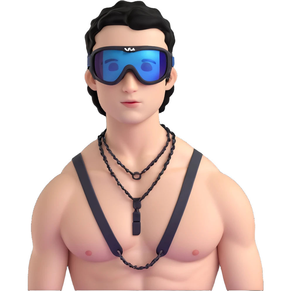 shirtless male athlete with white skin and moderately curly black hair on top with shaved sides, wearing black ski goggles with very dark heavily tinted black lenses that completely hide the eyes, and a simple plain black chain necklace, no earrings emoji