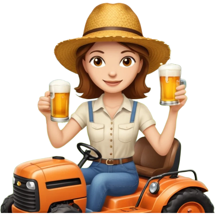 White woman with brown hair, without glasses wearing a straw hat, on old orange ride on lawn mower, holding a beer with one hand and holding the steering wheel with the other hand. Woman is smiling. Lawn mower brand is called “Westwood” emoji