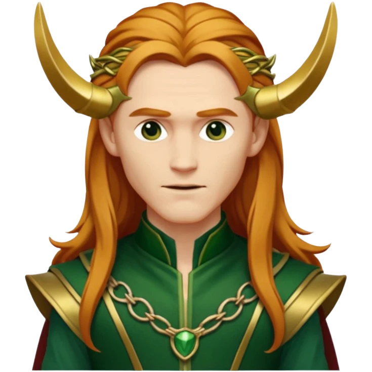 Loki, God of Mischief from Gods and Goddesses with long reddish blonde hair, gold and dark green outfit emoji