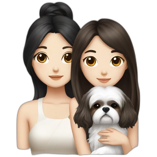 long black hair korean girl with shih tzu in white and brown emoji