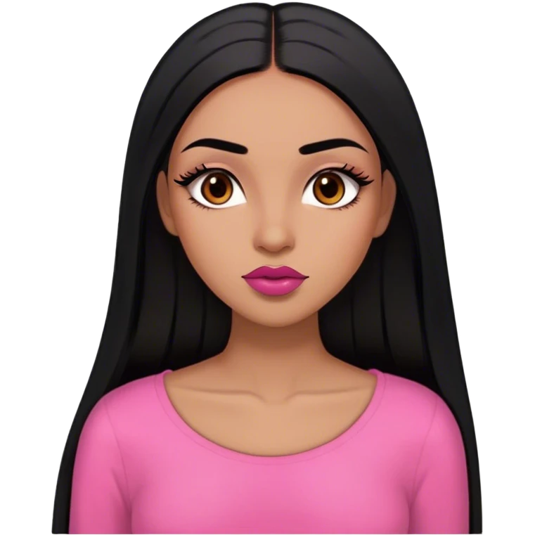 Woman,light brown skin,super long black straight hair, medium brown arched eyebrows, full lashes, red nude lips , pink shirt emoji