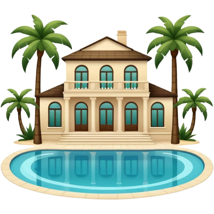 light beige luxury villa with dark green palm trees and swimming pool, front view, emoji style emoji