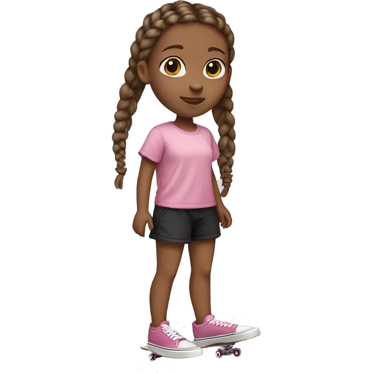 little white girl with brown hair with braids, pink shirt from VANS and black shorts skateboarding emoji