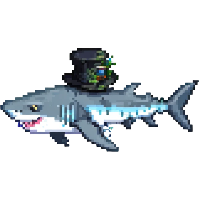 pixel art shark with a black tophat, side view emoji