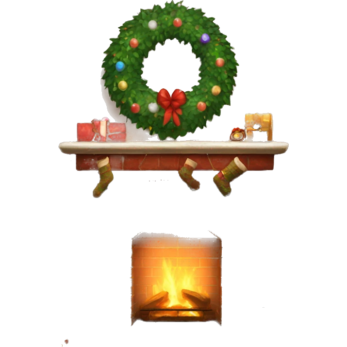 Brick Fireplace with wreath and Christmas lights and stockings emoji
