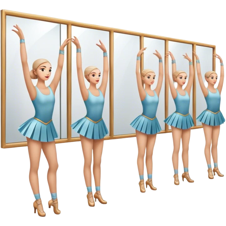 Icon for Choreography: a group of dancers in identical poses by a wall with mirrors, holding a long barre with one hand, and a teacher standing at the side. The icon should represent the discipline, synchronization, and guidance in dance training. Transparent background. emoji